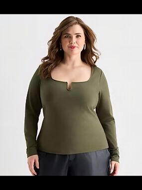 Ashley Graham Olive Green Scoop Neck Long Sleeve Top